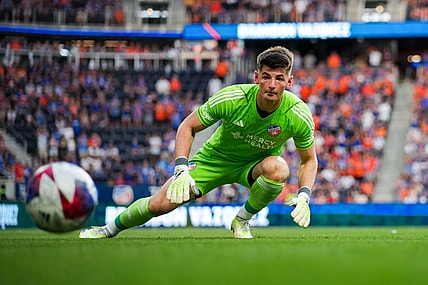 Aug 26, 2023; Cincinnati, Ohio, USA;  FC Cincinnati goalkeeper Roman Celentano (18) warm-up before a game against New York City FC at TQL Stadium. Mandatory Credit: Aaron Doster-USA TODAY Sports