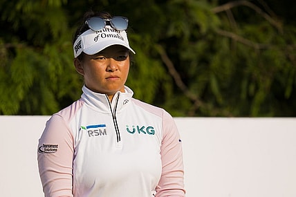 Aug 27, 2023; Vancouver, British Columbia, CAN; Megan Khang tees off on the sixteenth hole during the final round of the CPKC Women's Open golf tournament at Shaughnessy Golf & Country Club. Mandatory Credit: Bob Frid-USA TODAY Sports