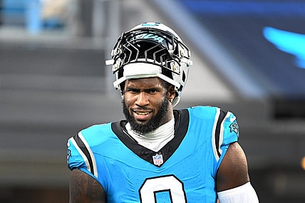 Aug 25, 2023; Charlotte, North Carolina, USA; Carolina Panthers linebacker Brian Burns (0) warms up before the game at Bank of America Stadium. Mandatory Credit: Bob Donnan-USA TODAY Sports
