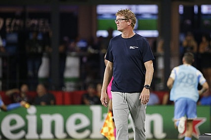 Aug 26, 2023; Washington, District of Columbia, USA; Philadelphia Union head coach Jim Curtin looks on from the sidelines during the second half against D.C. United at Audi Field. Mandatory Credit: Amber Searls-USA TODAY Sports