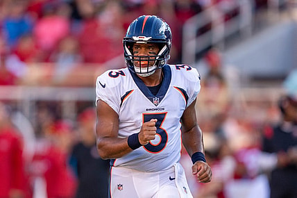 August 19, 2023; Santa Clara, California, USA; Denver Broncos quarterback Russell Wilson (3) during the first quarter against the San Francisco 49ers at Levi's Stadium. Mandatory Credit: Kyle Terada-USA TODAY Sports
