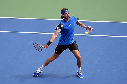 Aug 30, 2023; Flushing, NY, USA; Stefanos Tsitsipas of Greece hits to Dominic Stricker of Switzerland on day three of the 2023 U.S. Open tennis tournament at USTA Billie Jean King National Tennis Center. Mandatory Credit: Danielle Parhizkaran-USA TODAY Sports