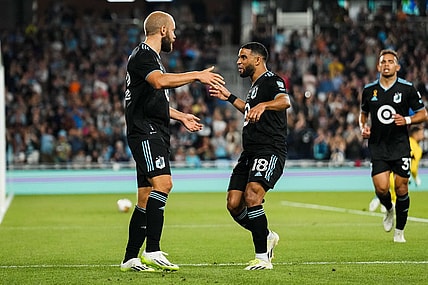 Aug 30, 2023; Saint Paul, Minnesota, USA; Minnesota United forward Teemu Pukki (22) celebrates a goal with forward Ismael Tajouri-Shradi (18) during the first half against Colorado Rapids at Allianz Field. Mandatory Credit: Brace Hemmelgarn-USA TODAY Sports