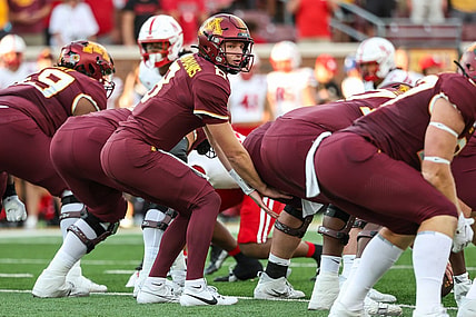 Aug 31, 2023; Minneapolis, Minnesota, USA; Minnesota Golden Gophers quarterback Athan Kaliakmanis (8) prepares waits for the snap against the Nebraska Cornhuskers during the first quarter at Huntington Bank Stadium. Mandatory Credit: Matt Krohn-USA TODAY Sports