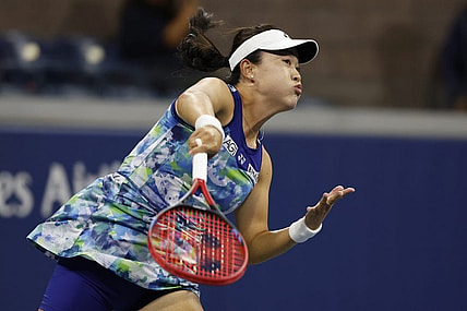 Sep 1, 2023; Flushing, NY, USA; Lin Zhu of China serves against Belinda Bencic of Switzerland (not pictured) on day five of the 2023 U.S. Open tennis tournament at USTA Billie Jean King National Tennis Center. Mandatory Credit: Geoff Burke-USA TODAY Sports