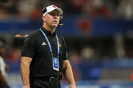 Sep 1, 2023; Atlanta, Georgia, USA; Louisville Cardinals head coach Jeff Brohm on the sideline against the Georgia Tech Yellow Jackets in the fourth quarter at Mercedes-Benz Stadium. Mandatory Credit: Brett Davis-USA TODAY Sports