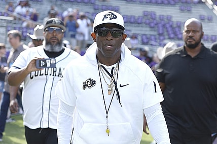 Sep 2, 2023; Fort Worth, Texas, USA; Colorado Buffaloes head coach Deon Sanders walks on the field before the game against the TCU Horned Frogs at Amon G. Carter Stadium. Mandatory Credit: Tim Heitman-USA TODAY Sports