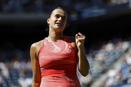 Sep 2, 2023; Flushing, NY, USA; Aryna Sabalenka reacts after winning a point against Clara Burel of France (not pictured) on day six of the 2023 U.S. Open tennis tournament at USTA Billie Jean King National Tennis Center. Mandatory Credit: Geoff Burke-USA TODAY Sports