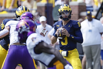 Sep 2, 2023; Ann Arbor, Michigan, USA; Michigan Wolverines quarterback J.J. McCarthy (9) passes in the first half against the East Carolina Pirates at Michigan Stadium. Mandatory Credit: Rick Osentoski-USA TODAY Sports