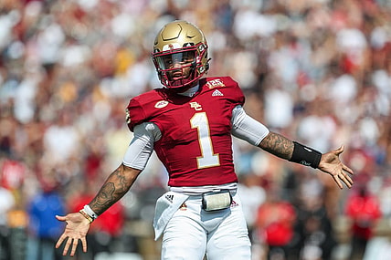 Sep 2, 2023; Chestnut Hill, Massachusetts, USA; Boston College Eagles quarterback Thomas Castellanos (1) celebrates after a touchdown during the second half against the Northern Illinois Huskies at Alumni Stadium. Mandatory Credit: Paul Rutherford-USA TODAY Sports