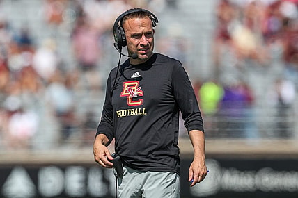 Sep 2, 2023; Chestnut Hill, Massachusetts, USA; Boston College Easgles head coach Jeff Hafley reacts during the second half against the Northern Illinois Huskies at Alumni Stadium. Mandatory Credit: Paul Rutherford-USA TODAY Sports