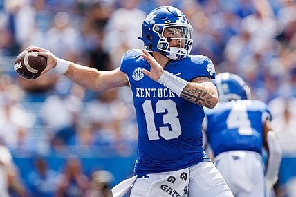 Sep 2, 2023; Lexington, Kentucky, USA; Kentucky Wildcats quarterback Devin Leary (13) throws a pass during the fourth quarter against the Ball State Cardinals at Kroger Field. Mandatory Credit: Jordan Prather-USA TODAY Sports