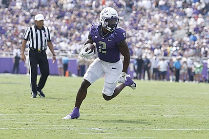 Sep 2, 2023; Fort Worth, Texas, USA; TCU Horned Frogs running back Trey Sanders (2) scores a touchdown in the game against the Colorado Buffaloes at Amon G. Carter Stadium. Mandatory Credit: Tim Heitman-USA TODAY Sports
