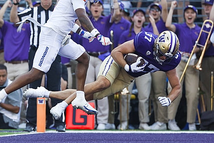 Sep 2, 2023; Seattle, Washington, USA; Washington Huskies tight end Jack Westover (37) dives into the end zone for a touchdown against the Boise State Broncos during the second quarter at Alaska Airlines Field at Husky Stadium. Mandatory Credit: Joe Nicholson-USA TODAY Sports