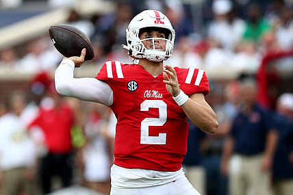 Sep 2, 2023; Oxford, Mississippi, USA; Mississippi Rebels quarterback Jaxson Dart (2) passes the ball during the first half against the Mercer Bears at Vaught-Hemingway Stadium. Mandatory Credit: Petre Thomas-USA TODAY Sports