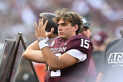 Sep 2, 2023; College Station, Texas, USA; Texas A&M Aggies quarterback Conner Weigman (15) warms up on the sideline during the first quarter against the New Mexico Lobos at Kyle Field. Mandatory Credit: Maria Lysaker-USA TODAY Sports