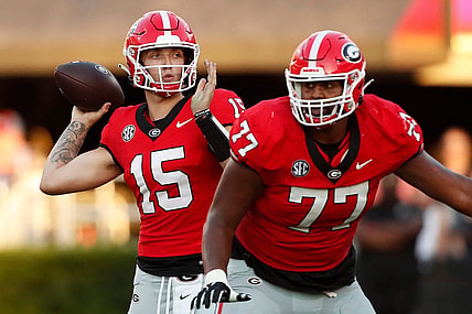 Georgia quarterback Carson Beck (15) looks to throw a pass during the first half of a NCAA college football game against Tennessee Martin in Athens, Ga., on Saturday, Sept. 2, 2023.