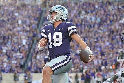 Sep 2, 2023; Manhattan, Kansas, USA; Kansas State Wildcats quarterback Will Howard (18) crosses the goal line for a touchdown during the second quarter against the Southeast Missouri State Redhawks at Bill Snyder Family Football Stadium. Mandatory Credit: Scott Sewell-USA TODAY Sports