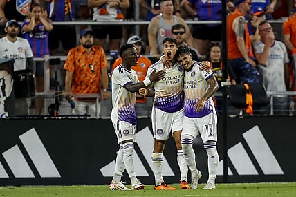 Sep 2, 2023; Cincinnati, Ohio, USA; Orlando City SC forward Facundo Torres (17) celebrates after scoring a goal with forward Ramiro Enrique (7) in the first half against FC Cincinnati at TQL Stadium. Mandatory Credit: Katie Stratman-USA TODAY Sports