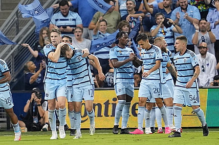 Sep 2, 2023; Kansas City, Kansas, USA; Sporting Kansas City team celebrates after scoring a goal during first half at Children's Mercy Park. Mandatory Credit: Jay Biggerstaff-USA TODAY Sports