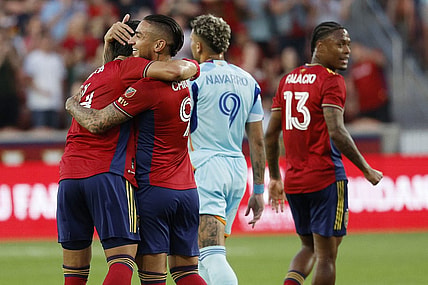 Sep 2, 2023; Sandy, Utah, USA; Real Salt Lake defender Brayan Vera (4) is congratulated by forward Chicho Arango (9) after his first half goal against the Colorado Rapids at America First Field. Mandatory Credit: Jeff Swinger-USA TODAY Sports