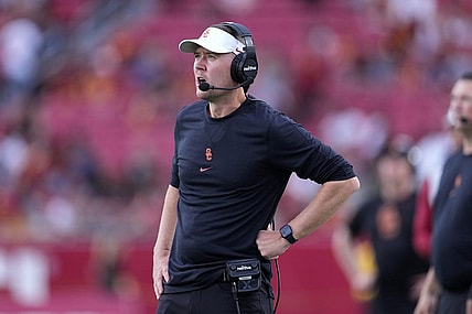 Sep 2, 2023; Los Angeles, California, USA; Southern California Trojans head coach Lincoln Riley reacts against the Nevada Wolf Pack  in the second half at United Airlines Field at Los Angeles Memorial Coliseum. Mandatory Credit: Kirby Lee-USA TODAY Sports