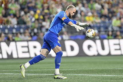 Sep 2, 2023; Seattle, Washington, USA; Seattle Sounders goalkeeper Stefan Frei (24) kicks the ball during second half at Lumen Field. Mandatory Credit: Steven Bisig-USA TODAY Sports