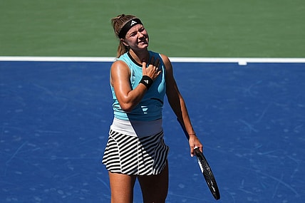 Sep 3, 2023; Flushing, NY, USA; Karolina Muchova of Czech Republic defeats Xinyu Wang of China on day seven of the 2023 U.S. Open tennis tournament at USTA Billie Jean King National Tennis Center. Mandatory Credit: Danielle Parhizkaran-USA TODAY Sports