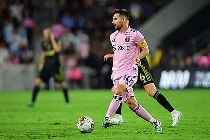 Sep 3, 2023; Los Angeles, California, USA; Inter Miami forward Lionel Messi (10) controls the ball against Los Angeles FC during the first half at BMO Stadium. Mandatory Credit: Gary A. Vasquez-USA TODAY Sports