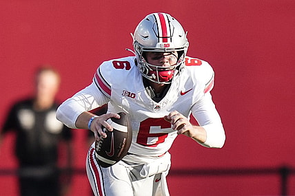 Sep 2, 2023; Bloomington, Indiana, USA; Ohio State Buckeyes quarterback Kyle McCord (6) runs during the NCAA football game at Indiana University Memorial Stadium. Ohio State won 23-3.
