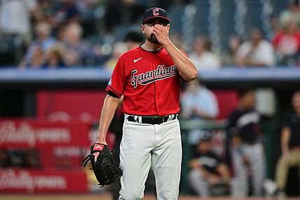Sep 5, 2023; Cleveland, Ohio, USA; Cleveland Guardians relief pitcher Matt Moore (55) reacts after giving up a home run during the sixth inning against the Minnesota Twins at Progressive Field. Mandatory Credit: Ken Blaze-USA TODAY Sports