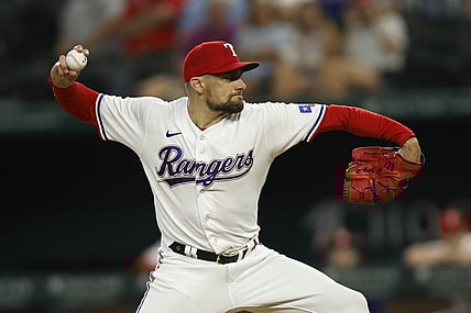 Sep 5, 2023; Arlington, Texas, USA; Texas Rangers starting pitcher Nathan Eovaldi (17) throws a pitch in the first inning against the Houston Astros at Globe Life Field. Mandatory Credit: Tim Heitman-USA TODAY Sports