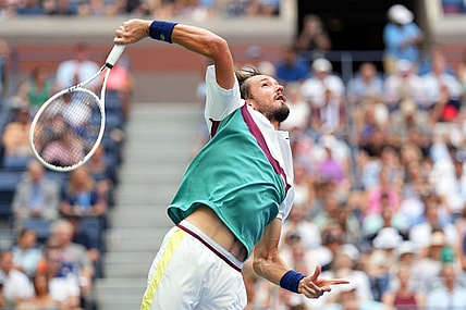 Sep 6, 2023; Flushing, NY, USA; Daniil Medvedev serves to Andrey Rublev on day ten of the 2023 U.S. Open tennis tournament at USTA Billie Jean King National Tennis Center. Mandatory Credit: Danielle Parhizkaran-USA TODAY Sports