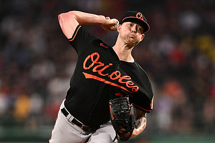 Sep 8, 2023; Boston, Massachusetts, USA; Baltimore Orioles starting pitcher Kyle Bradish (39) pitches against the Boston Red Sox during the first inning at Fenway Park. Mandatory Credit: Brian Fluharty-USA TODAY Sports