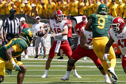 Sep 9, 2023; Waco, Texas, USA; Utah Utes quarterback Bryson Barnes (16) stands in the pocket against the Baylor Bears during the first half at McLane Stadium. Mandatory Credit: Raymond Carlin III-USA TODAY Sports