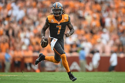 Tennessee quarterback Joe Milton III (7) runs the ball against visiting Austin Peay at Neyland Stadium in Knoxville, Tenn., on Saturday, Sept. 9, 2023.