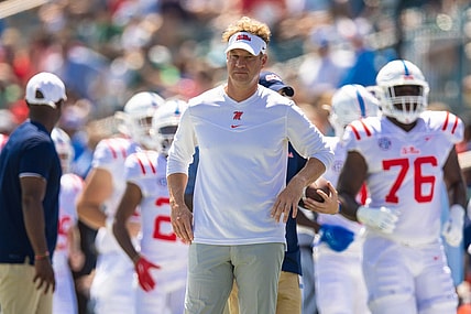 Sep 9, 2023; New Orleans, Louisiana, USA;   Mississippi Rebels head coach Lane Kiffin looks on against the Tulane Green Wave during the first half at Yulman Stadium. Mandatory Credit: Stephen Lew-USA TODAY Sports