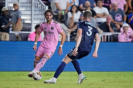 Sep 9, 2023; Fort Lauderdale, Florida, USA; Inter Miami CF forward Leonardo Campana (9) dribbles the ball against Sporting Kansas City defender Andreu Fontas (3) during the second half at DRV PNK Stadium. Mandatory Credit: Rich Storry-USA TODAY Sports