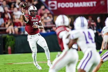 Sep 9, 2023; Columbia, South Carolina, USA; South Carolina Gamecocks quarterback LaNorris Sellers (16) passes against the Furman Paladins during the second half at Williams-Brice Stadium. Mandatory Credit: Jeff Blake-USA TODAY Sports