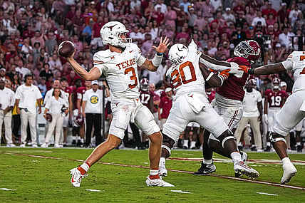 Sep. 9, 2023; Tuscaloosa, Alabama; Texas Longhorns quarterback Quinn Ewers (3) throws a pass during the game against Alabama at Bryant-Denny Stadium on Saturday, Sep. 9, 2023 in Tuscaloosa, Alabama. Mandatory Credit: Aaron E. Martinez-USA TODAY NETWORK