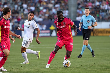 Sep 10, 2023; Carson, California, USA; St. Louis CITY SC forward Samuel Adeniran (16) controls the ball in the first half against the Los Angeles Galaxy at Dignity Health Sports Park. Mandatory Credit: Kiyoshi Mio-USA TODAY Sports