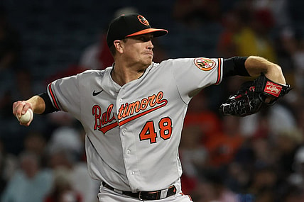 Sep 6, 2023; Anaheim, California, USA;  Baltimore Orioles starting pitcher Kyle Gibson (48) pitches during the game against the Los Angeles Angels at Angel Stadium. Mandatory Credit: Kiyoshi Mio-USA TODAY Sports