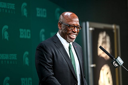 Michigan State football's acting head coach Harlon Barnett smiles during his first press conference since taking over for suspended coach Mel Tucker on Tuesday, Sept. 12, 2023, at Spartan Stadium in East Lansing.