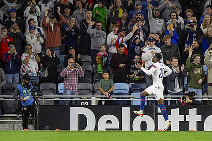 Sep 12, 2023; St. Paul, Minnesota, USA;  United States forward Folarin Balogun (20) celebrates his goal against Oman during the first half at Allianz Field. Mandatory Credit: Nick Wosika-USA TODAY Sports