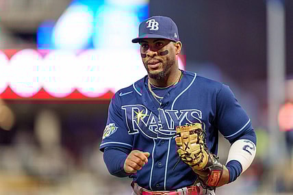 Sep 12, 2023; Minneapolis, Minnesota, USA; Tampa Bay Rays first baseman Yandy Diaz (2) exits the field in the fourth inning at Target Field. Mandatory Credit: Matt Blewett-USA TODAY Sports