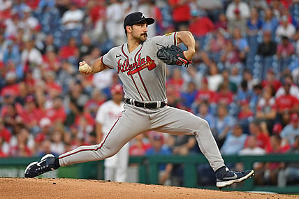 Sep 13, 2023; Philadelphia, Pennsylvania, USA; Atlanta Braves starting pitcher Spencer Strider (99) throws a pitch against the Philadelphia Phillies during the first inning at Citizens Bank Park. Mandatory Credit: Eric Hartline-USA TODAY Sports