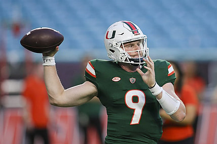 Sep 14, 2023; Miami Gardens, Florida, USA; Miami Hurricanes quarterback Tyler Van Dyke (9) throws the football prior to the game against the Bethune Cookman Wildcats at Hard Rock Stadium. Mandatory Credit: Sam Navarro-USA TODAY Sports