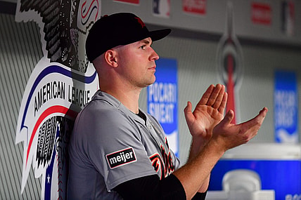 Sep 15, 2023; Anaheim, California, USA; Detroit Tigers starting pitcher Tarik Skubal (29) watches game action against the Los Angeles Angels during the sixth inning at Angel Stadium. Mandatory Credit: Gary A. Vasquez-USA TODAY Sports