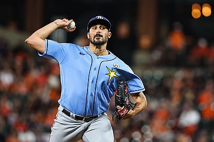 Sep 15, 2023; Baltimore, Maryland, USA; Tampa Bay Rays starting pitcher Zach Eflin (24) pitches against the Baltimore Orioles during the seventh inning at Oriole Park at Camden Yards. Mandatory Credit: Scott Taetsch-USA TODAY Sports