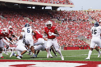 Sep 16, 2023; Madison, Wisconsin, USA;  Wisconsin Badgers running back Braelon Allen (0) rushes for a touchdown during the third quarter against the Georgia Southern Eagles at Camp Randall Stadium. Mandatory Credit: Jeff Hanisch-USA TODAY Sports